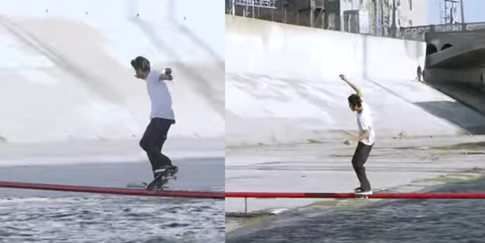 Radikal Banget, Trik Slide Skateboard Menyeberang Sungai
